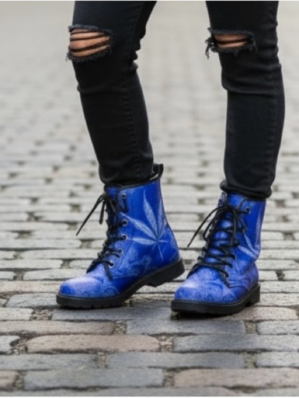 Combat Boots with Weed Leaf Graphic size 8 US blue lace up